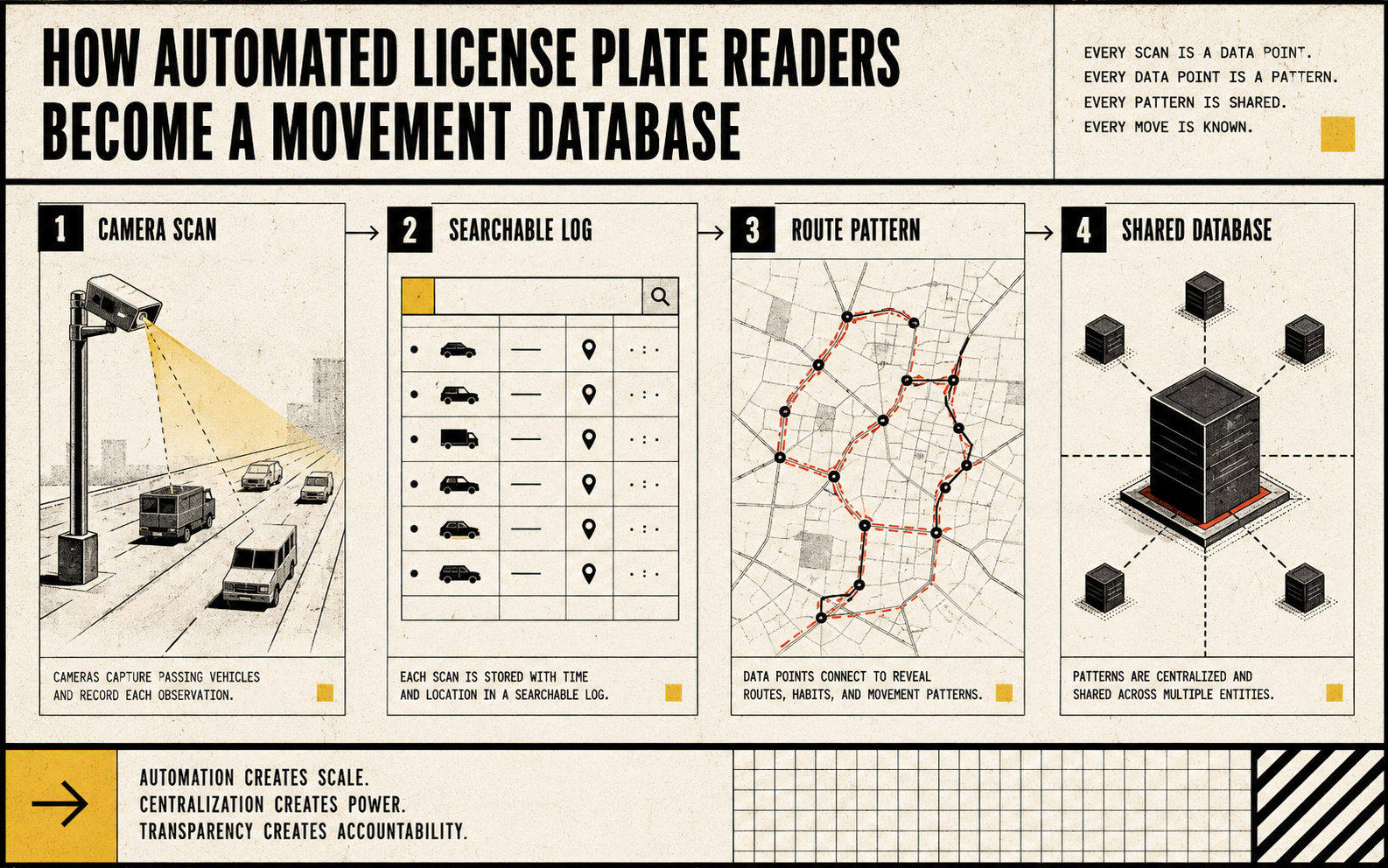 Four-stage illustration showing ALPR scans becoming searchable logs, route patterns, and shared databases.
