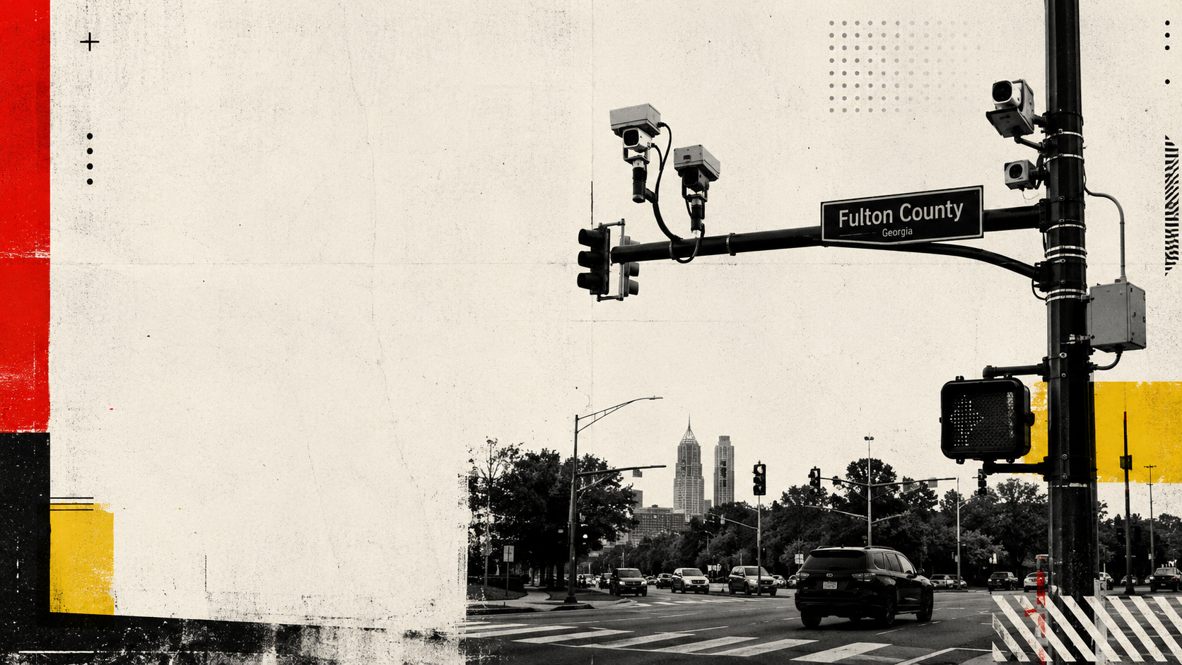 Editorial illustration of a Fulton County street watched by pole-mounted surveillance cameras.