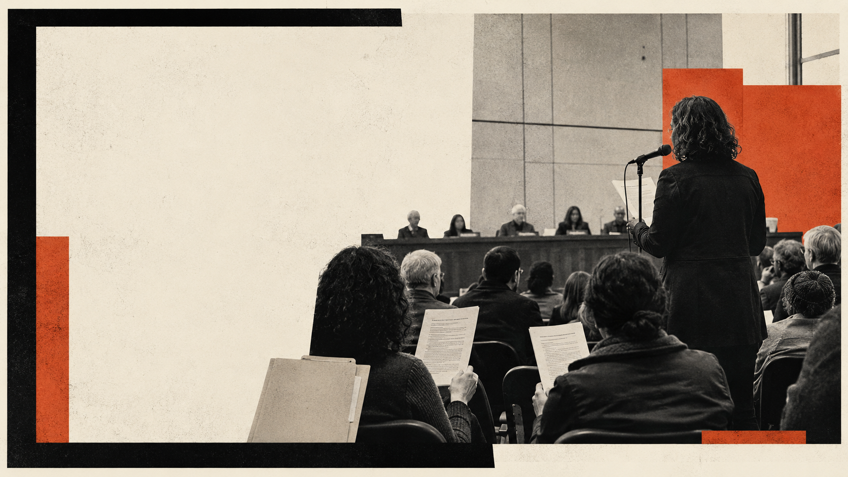 Editorial illustration of residents preparing public comment at a county commission meeting.
